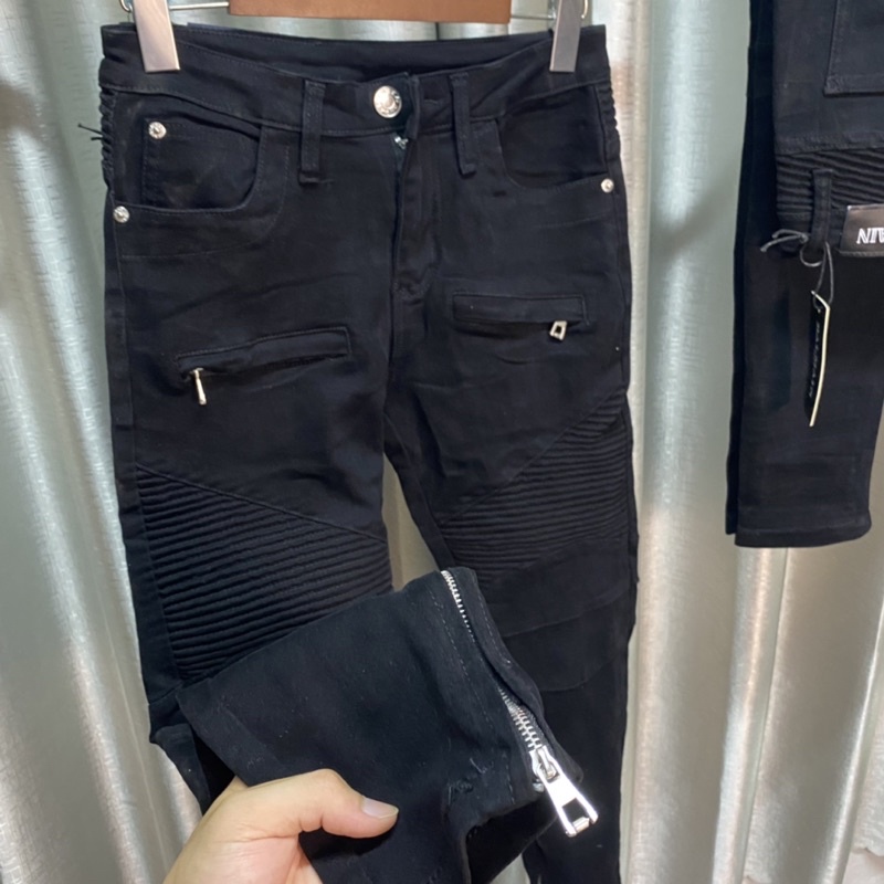 Quần jean vá nhăn phối khoá zip,quần jean batman vá nhăn