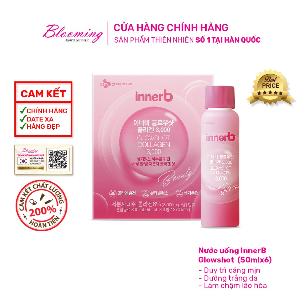 Hộp 6 chai nước uống Collagen Vitamin C sáng da InnerB Glowshot (50mlx6)