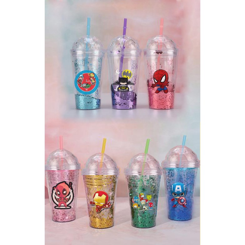 Cốc 2 lớp kim tuyến siêu anh hùng CNKI16 cốc giữ nhiệt ly 2 lớp cốc làm lạnh dễ thương 500ml