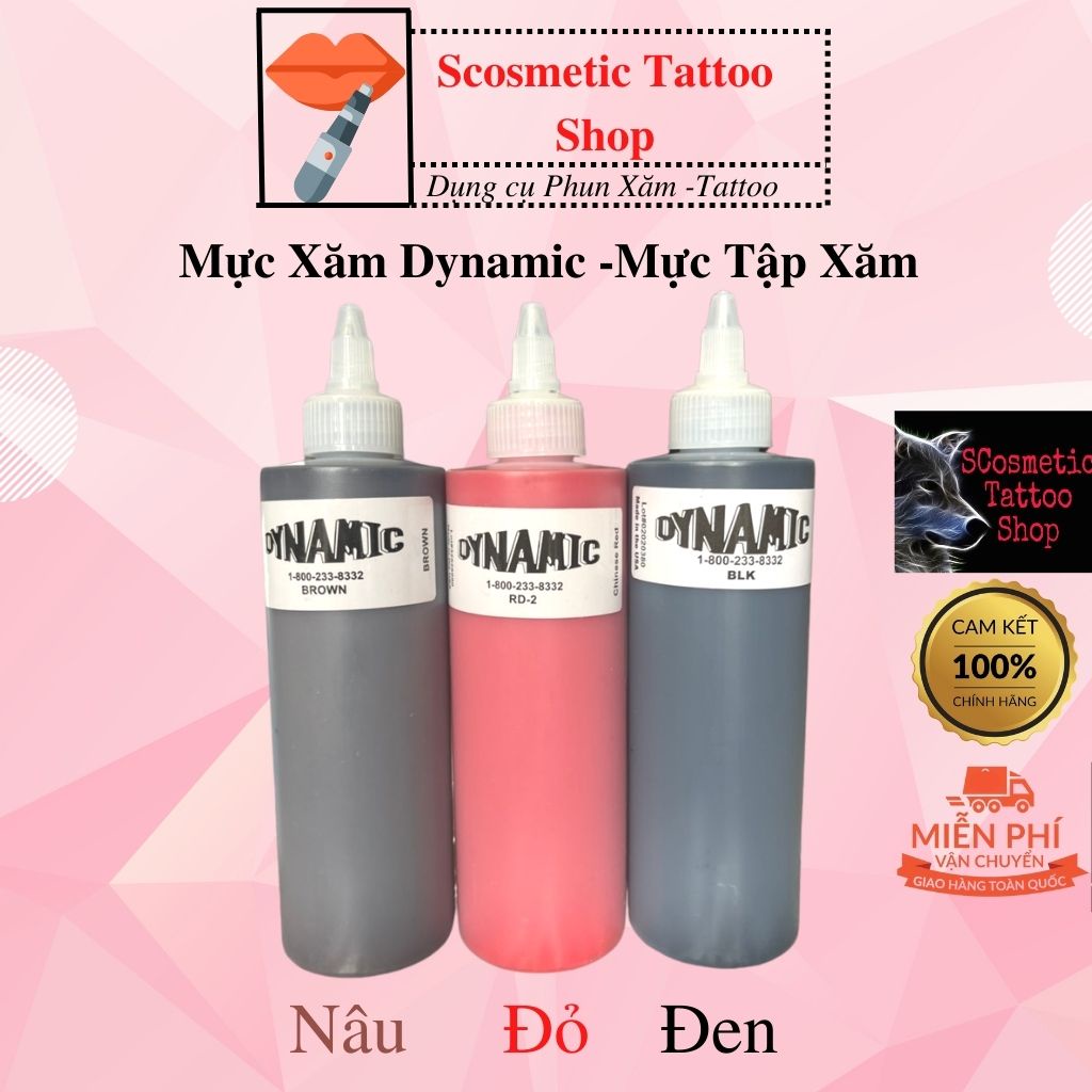 Mực xăm tattoo Dynamic,Mực Tập phun xăm 3 màu Đỏ Đen Nâu đặc bám màu nhanh 240ml