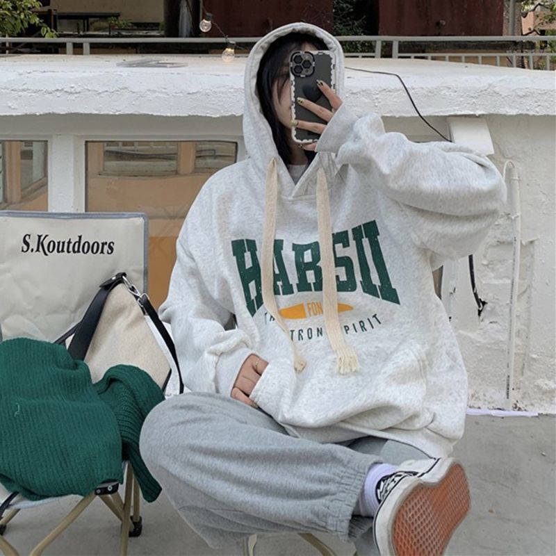 Áo hoodie COZOK tay dài dáng rộng in chữ phong cách cổ điển Hàn Quốc thời trang cho nữ
