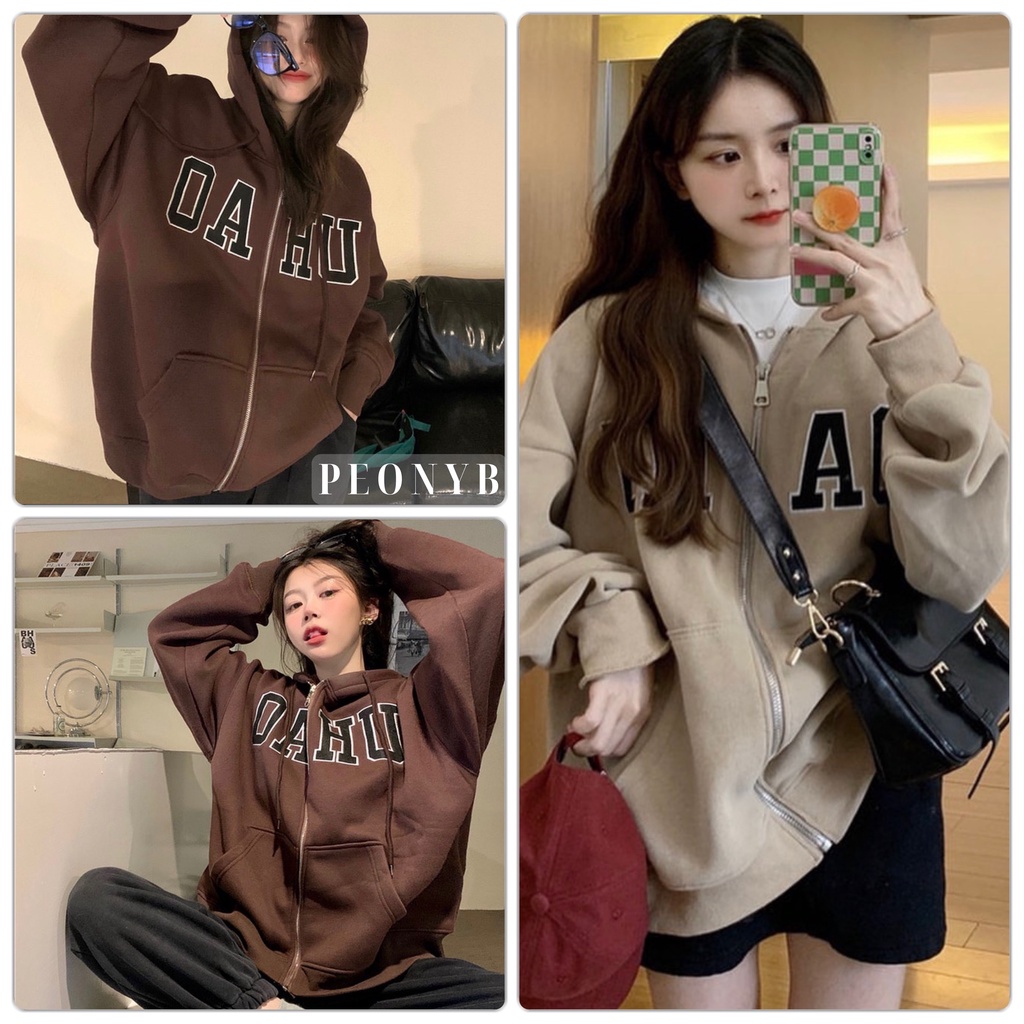 Áo Khoác Nỉ Ngoại Thêu Chữ Oahu PEONYB Unisex [FREESHIP] Hoodie zip form rộng tay bồng kiểu dáng vintage hàn quốc đẹp