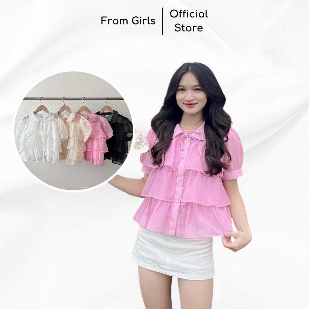 Áo babydoll voan tầng, áo sơ mi babydoll tay ngắn cổ bèo tiểu thư - SM215