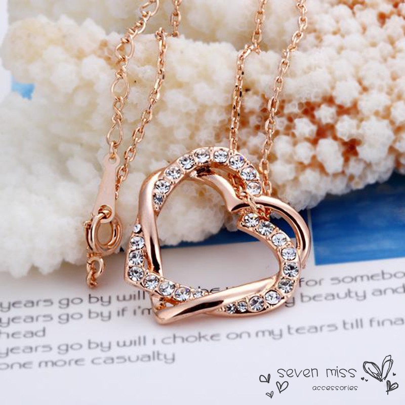 New Fashion Jewelry 18K Real Gold Plated Double Heart Zircon Necklace For Women Gift