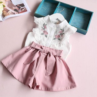 Quần áo trẻ em cao cấp - set quần váy và áo sơmi thêu hoa cực xinh