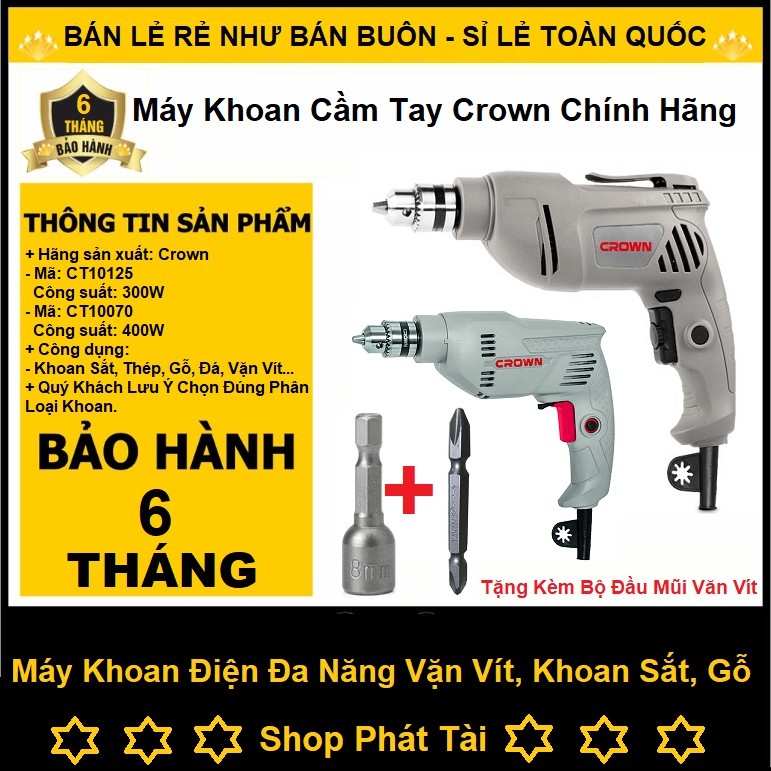 Máy Khoan Crown CT 10070 - CT 10125 Chính Hãng Bảo Hành 6 Tháng - Tặng Kèm Bộ Đầu Vặn Vít Tiện Dụng ( 100% lõi đồng )