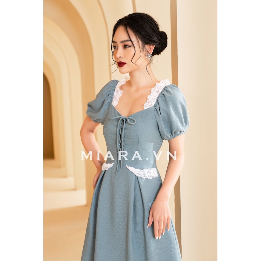 Đầm tùng xòe nữ MIARA phối ren rút dây cực đẹp, thiết kế tùng xòe xếp nếp, màu xanh độc lạ DT32