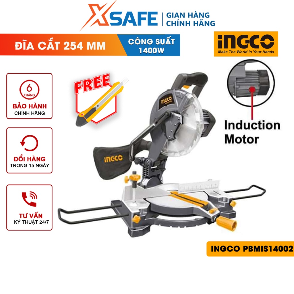 Máy cắt nhôm INGCO PBMIS14002 1400W, kích thước lưỡi 255x25.4mm, motor từ, bàn cắt nhôm, túi giữ bụi sạch