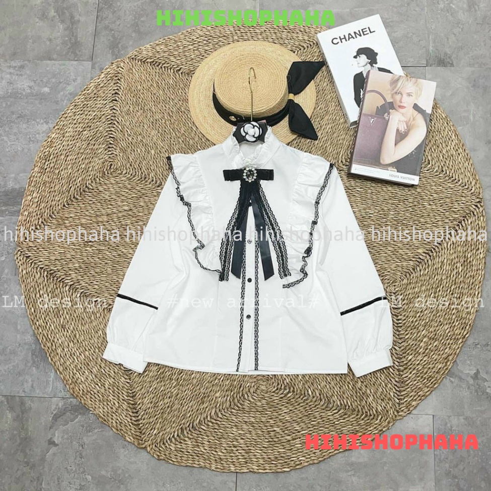 Áo sơ mi tay bồng cổ nơ viền bèo kaca shop hihishophaha