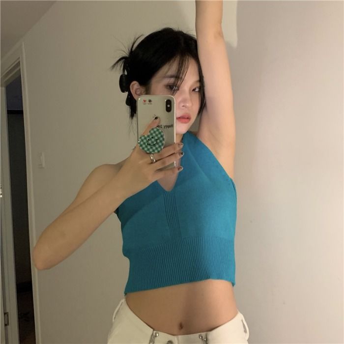 Áo hai dây dệt kim cổ yếm màu trơn gợi cảm cho nữ