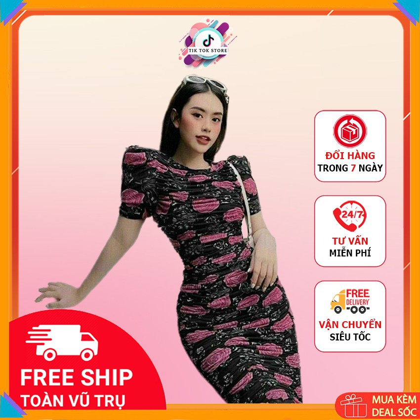 Váy ôm body tay phồng hoa hồng nhún 2021 Tik Tok Store M87, đầm body vải thun dẻo in 3D