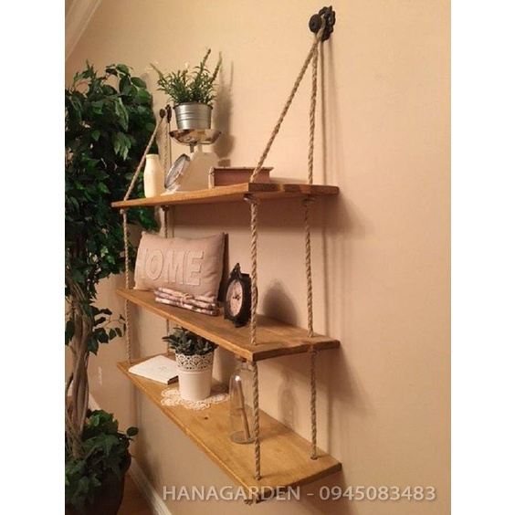 KỆ GỖ 2 TẦNG TREO TƯỜNG 60X30CM 🌵BẢN TO🌵 Trang Trí Bằng Dây Thừng Trang Trí Gỗ Cao Su Ghép