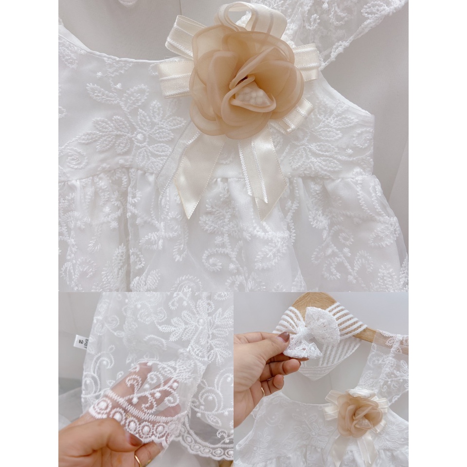 Váy công chúa bé gái, váy ren Hàn cao cấp có lớp lót lụa mềm bên trong kèm turban cho bé