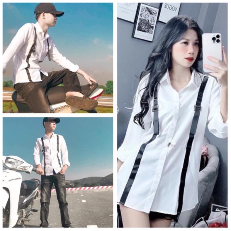 Áo Sơ Mi Sọc Phối Khuy Trắng Tay Dài Nam Nữ(Hàng Sẵn)