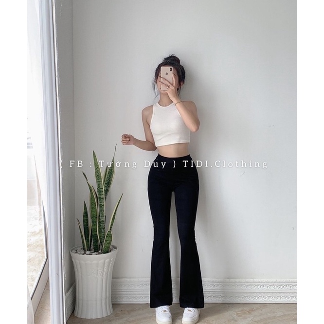 SET ÁO BA LỖ CROPTOP TRẮNG + QUẦN ĐEN ỐNG LOE NHẸ