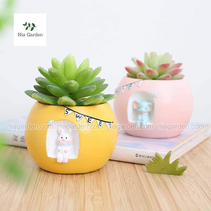 Chậu nhựa trồng sen đá xương rồng mini hình thỏ chó Shiba kỳ lân voi Nia Garden N4