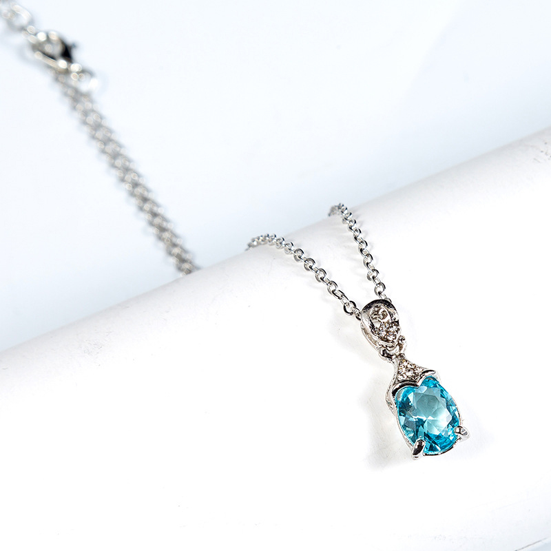 Thời Trang Dây Chuyền Bạc Mặt Oval Đính Đá Topaz Xanh Cho Nữ