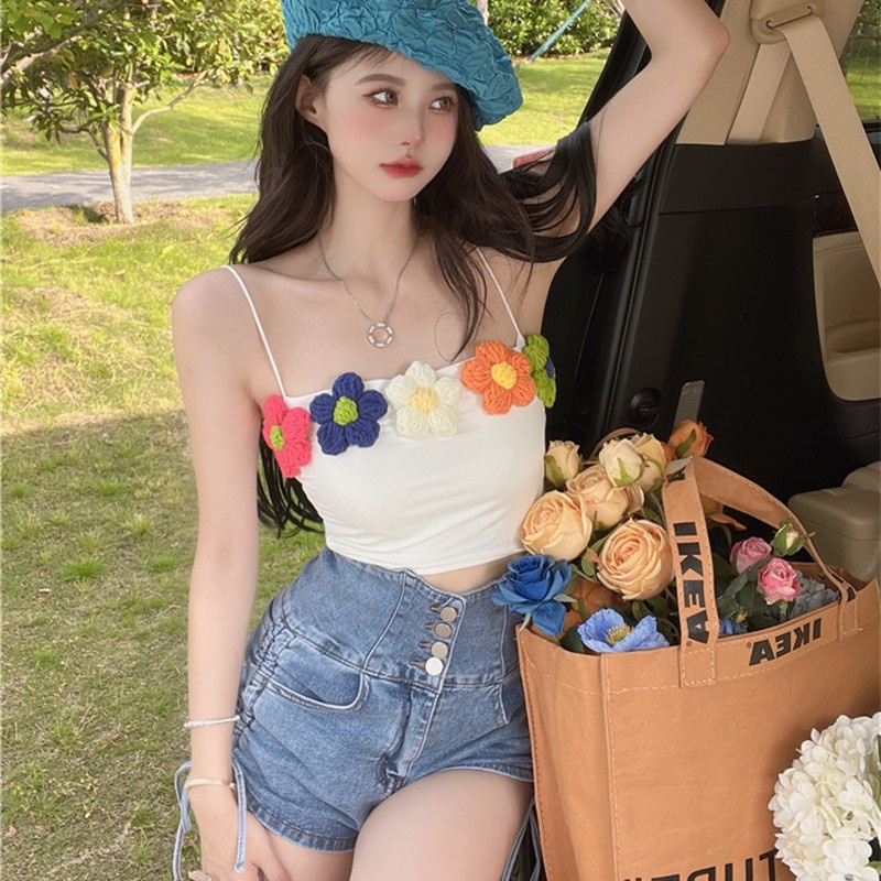 Áo croptop dây bún - phối hoa len