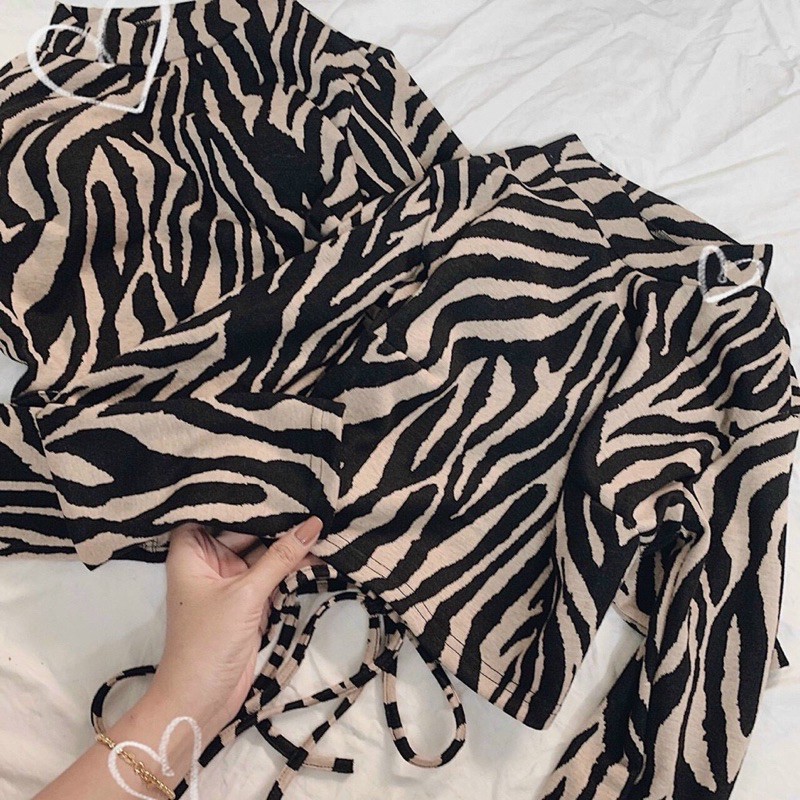 ÁO CROPTOP BEO NGỰA VẰN HỞ LƯNG ĐAN DÂY CỘT NƠ EO TAY DÀI KÈM ẢNH THẬT
