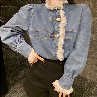 áo sơ mi denim viền ren koreastyle