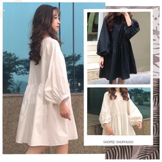 V007 Váy Babydoll trắng trơn tay bồng dáng xòe chụp ảnh đi chơi, đầm bầu babydoll tay phồng form rộng cute dễ thương ba