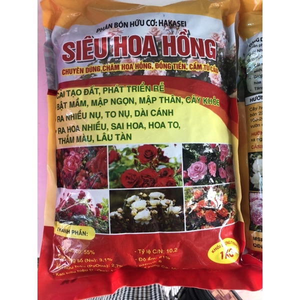 Phân bón hữu cơ Siêu Hoa Hồng chuyên dùng chăm hoa hồng, đồng tiền, cẩm tú cầu gói 1kg