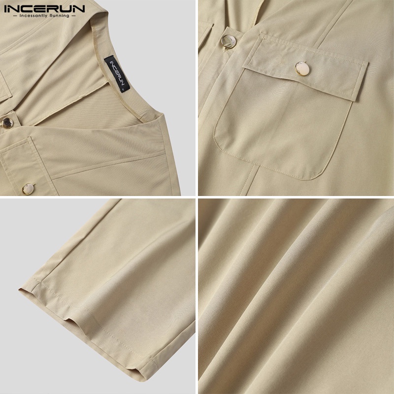 Áo liền quần INCERUN ngắn tay cổ chữ V màu trơn phối hàng nút thời trang cho nam