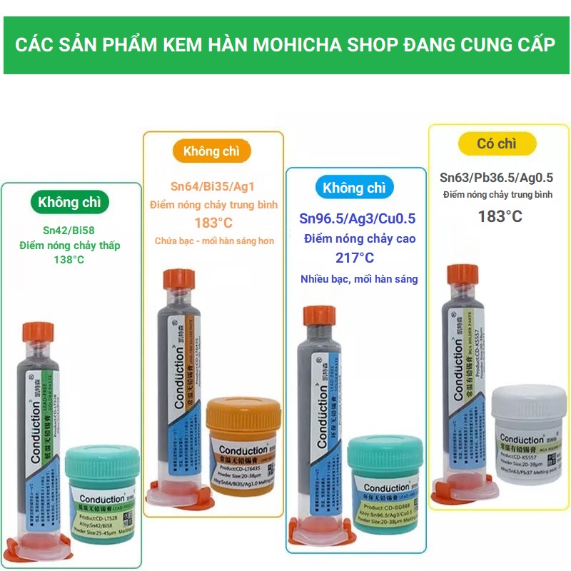 Kem thiếc hàn linh kiện dán Conduction Sn42Bi58 không chứa chì nhiệt độ 138 độ, dùng hàn PCB/LED sửa chữa điện thoại