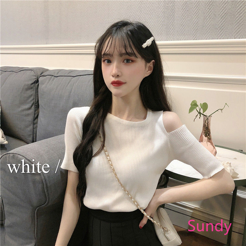 Áo len tay ngắn khoét vai cổ tròn thời trang quyến rũ cho nữ