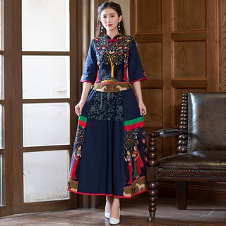 Bộ áo cotton lanh cổ đứng + chân váy thêu họa tiết dân tộc retro thời trang xuân thu