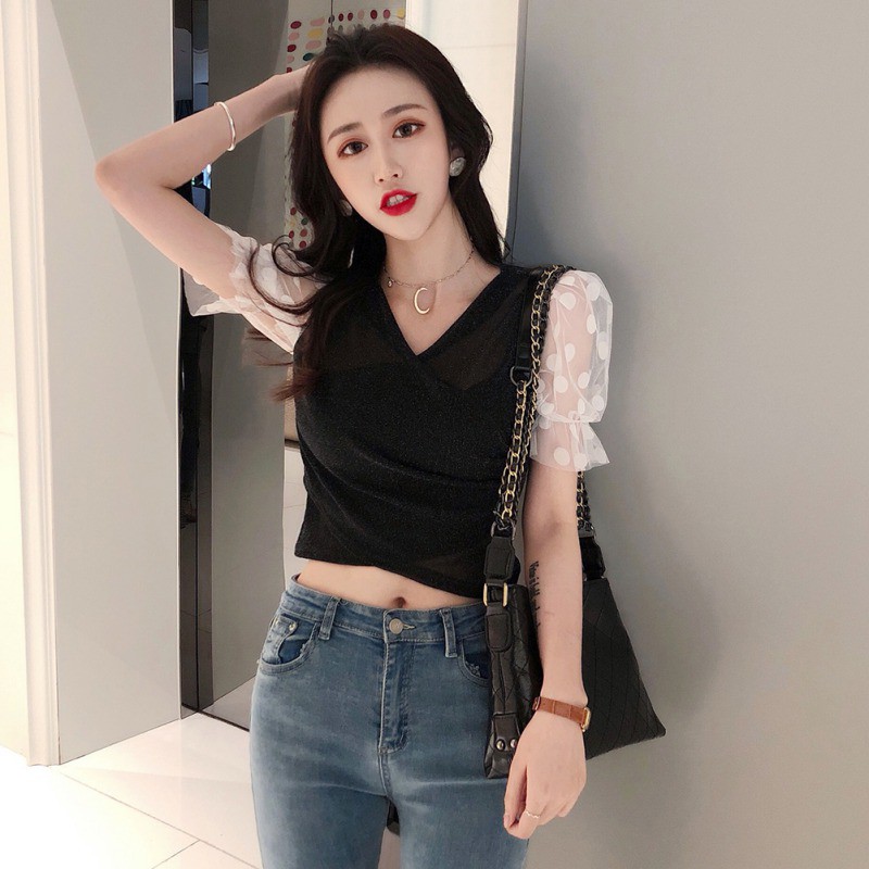 Women Sexy Sling Strapless V Collar Mesh Stitching Short Sleeve Blouse | BigBuy360 - bigbuy360.vn