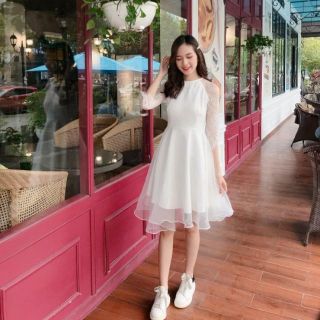 Váy trắng công chúa dự tiệc phối ren xòe tiểu thư siêu xinh