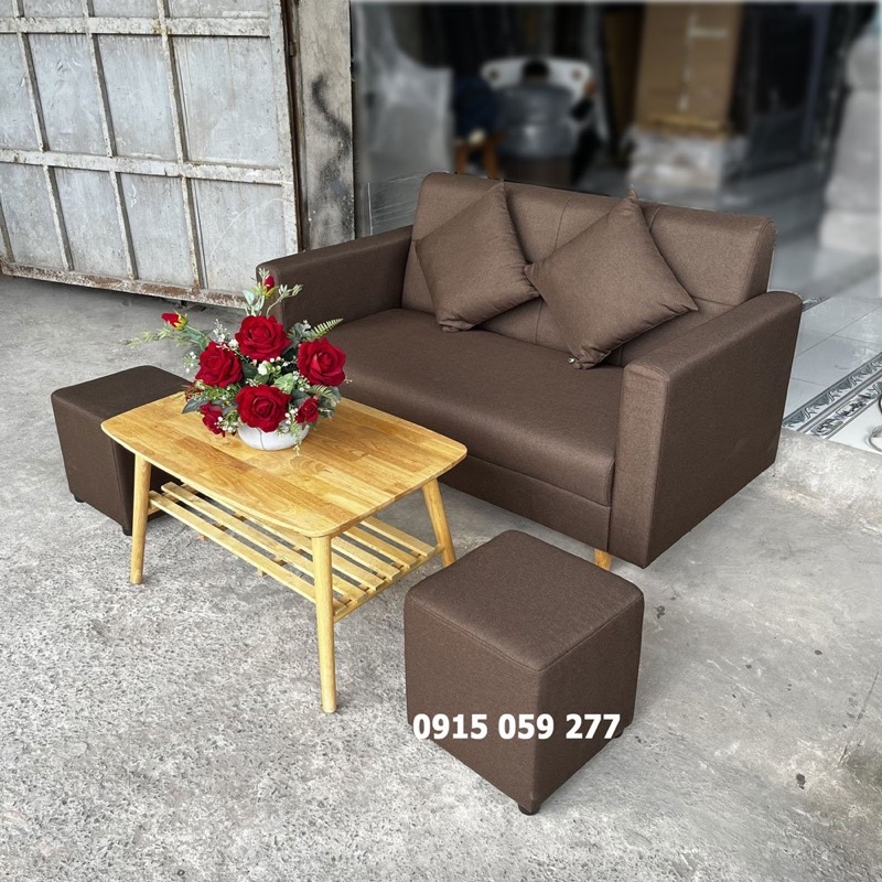 Bộ băng ghế sofa màu nâu cao cấp đi kèm 2 gối 2 đôn và bàn gỗ 2 tầng