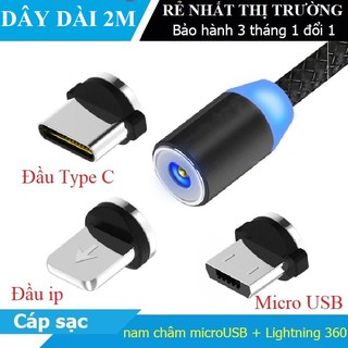 FREESHIP TỪ 50K _ Dây dài 2M | Cáp sạc từ hút nam châm đầu Iphone | micro USB | Type C xoay 360 độ dây dù,có LED cao cấp