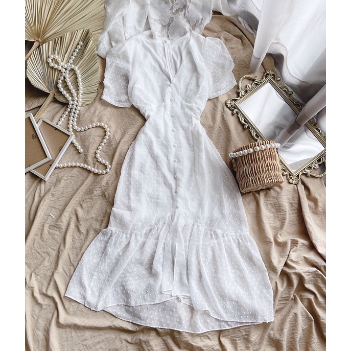 Đầm midi nữ voan bi đuôi cá trắng Thuỷ Tiên NÀNG CLOSET