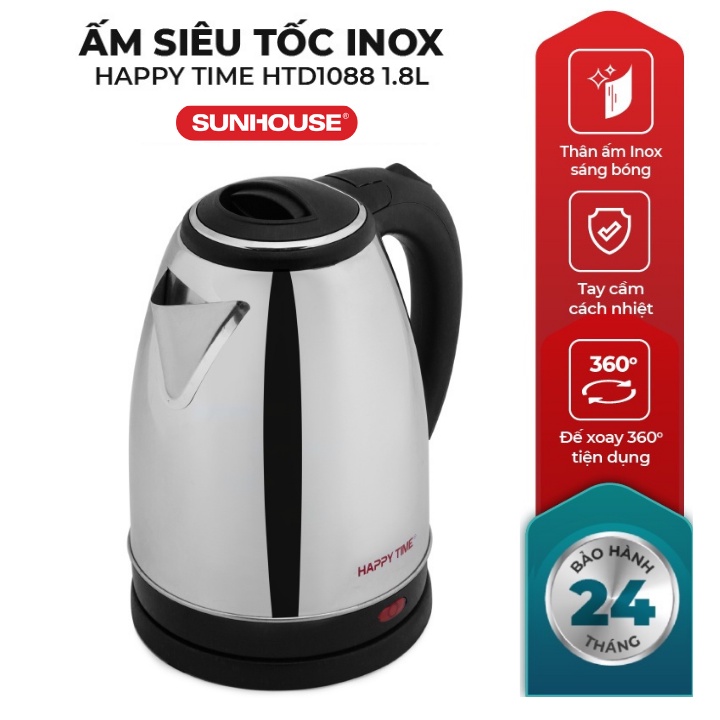 Ấm đun siêu tốc Inox 1.8L Sunhouse Happy Time HTD1088 - Công Suất 1500W [Bảo Hành 24 Tháng]