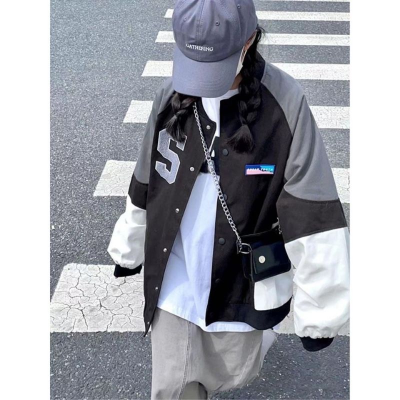 Áo khoác bomber unisex tag AYWETR dáng rộng mix màu  HotdogBoy màu đen xám trendy Tik Tok Trung