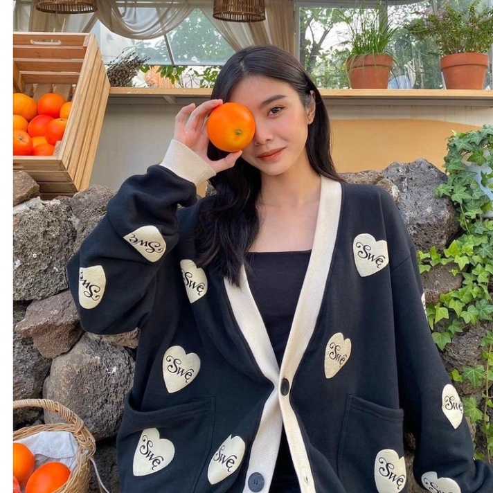 Áo Cardigan nỉ bông 1 lớp form nữ rộng in hình S.W.E Tim