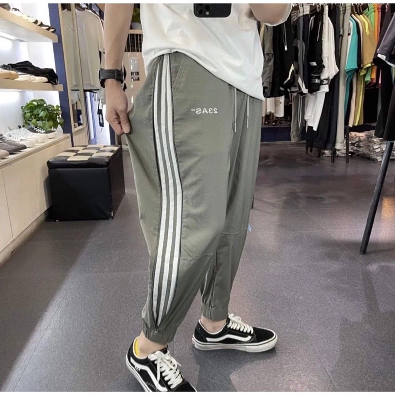 Quần dài ống rộng nam nữ phong cách thể thao, quần ống suông 3line chất cotton mịn lì phối 3 sọc trắng đen Unisex