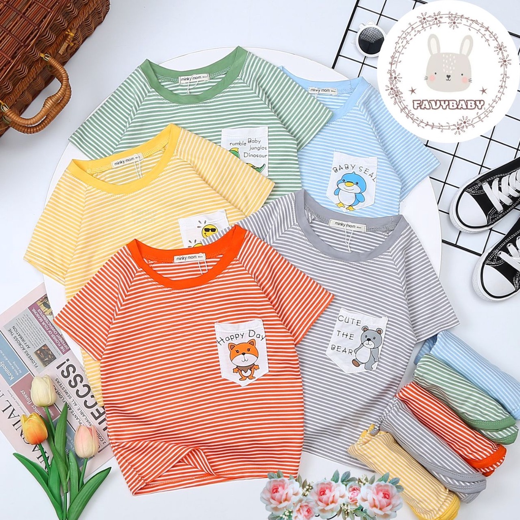 Bộ Cộc MINKY MOM Chính Hãng Bé Trai Bé Gái Thun Lạnh Sọc Dệt Có Túi Hình Khủng Long Gấu Bé 0 1 2 3 4 5 Tuổi - Favybaby