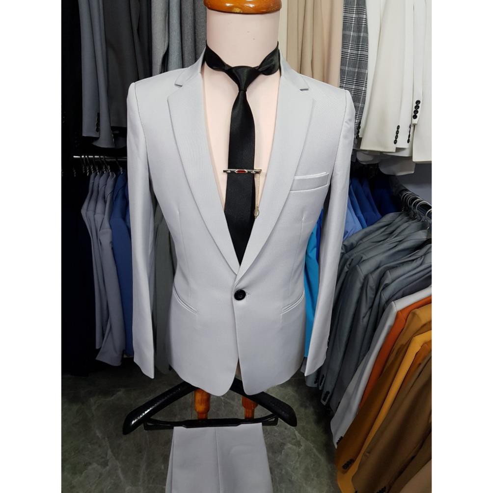[Giá Chất] Bộ vest nam màu xám trắng form ôm body cá tính + cà vạt kẹp