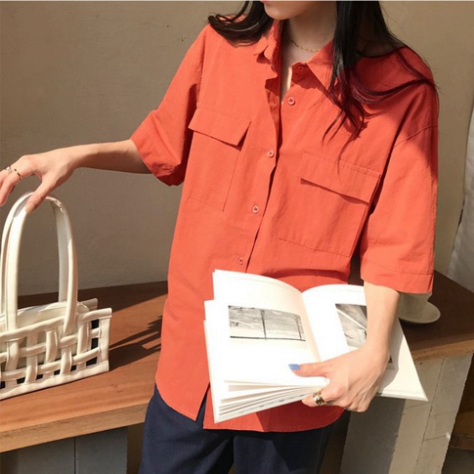 Áo Sơ Mi Ngắn Tay Form Rộng Màu Cam Đất Siêu Hot🍁 Unisex nam nữ đều mặc được