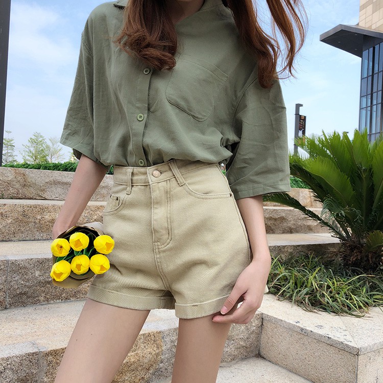 Xiaozhainv Quần short denim lưng cao theo phong cách retro | BigBuy360 - bigbuy360.vn