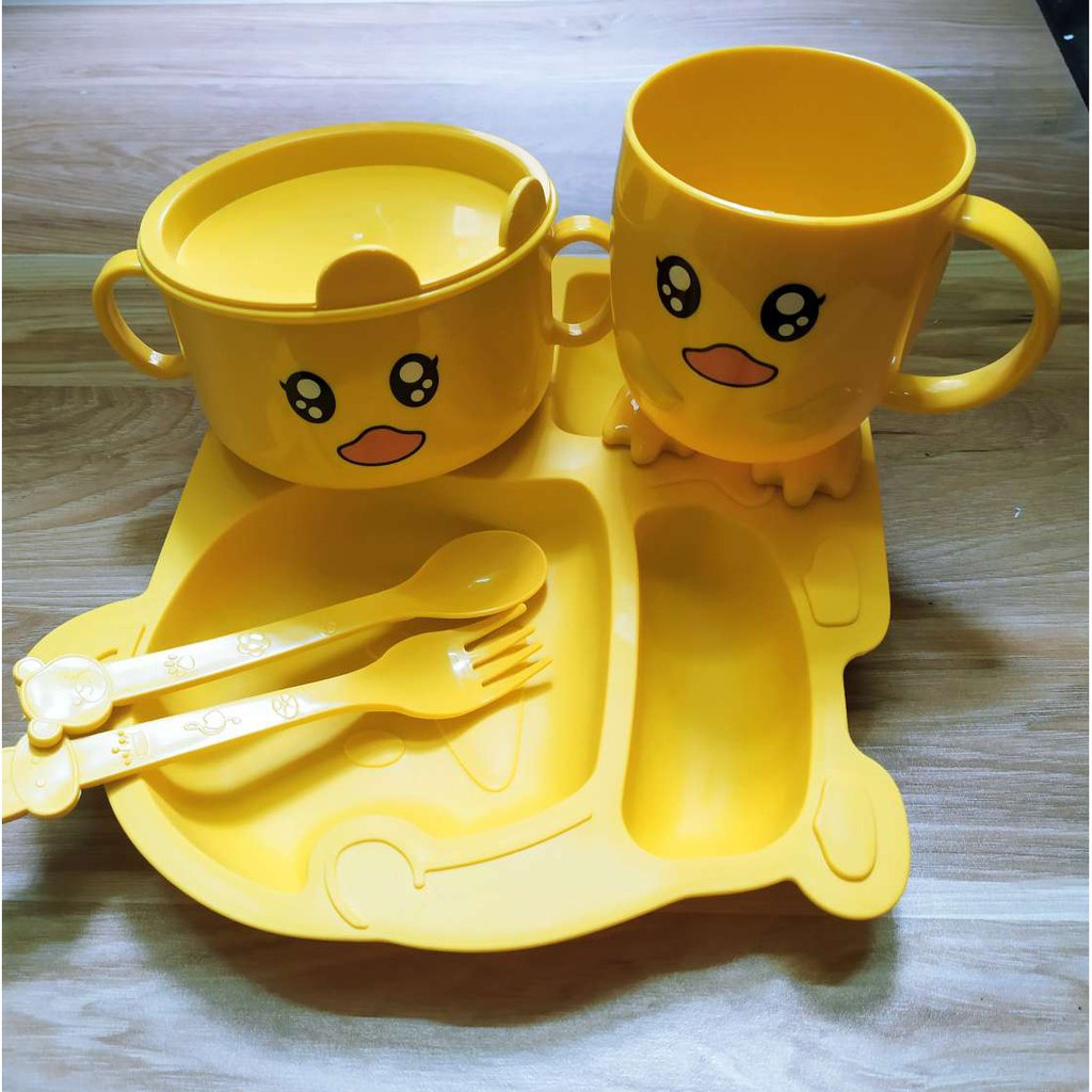 Set khay ăn dặm, cốc, bát hình vịt vàng chất liệu lúa mạch cho bé