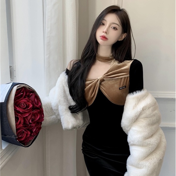 Váy Body Trễ Vai Dây Cổ Nơ Ngực LSEOUL V1269 Chất Nhung Mềm Mịn Ngọt Ngào Nữ Tính