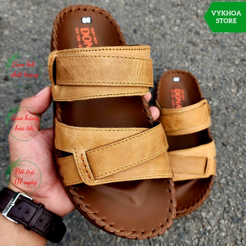 Dép quai ngang nam da bò cao cấp, 02 lớp da mềm mại, donavydela, kiểu 02 quai kép, may Handmade quai và đế rất chắc