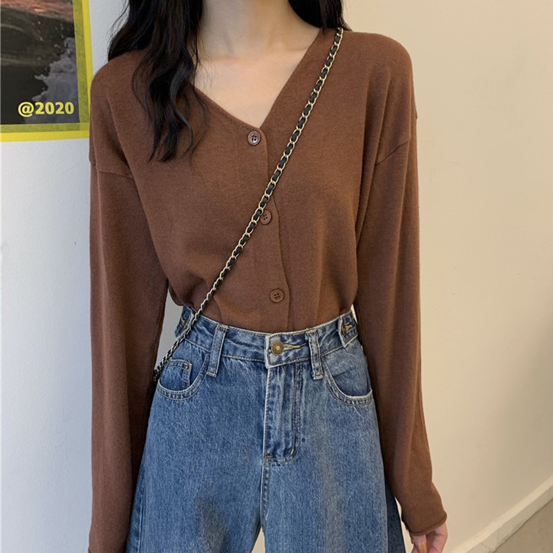 Áo dệt kim tay dài màu trơn cài nút dành cho nữ | BigBuy360 - bigbuy360.vn