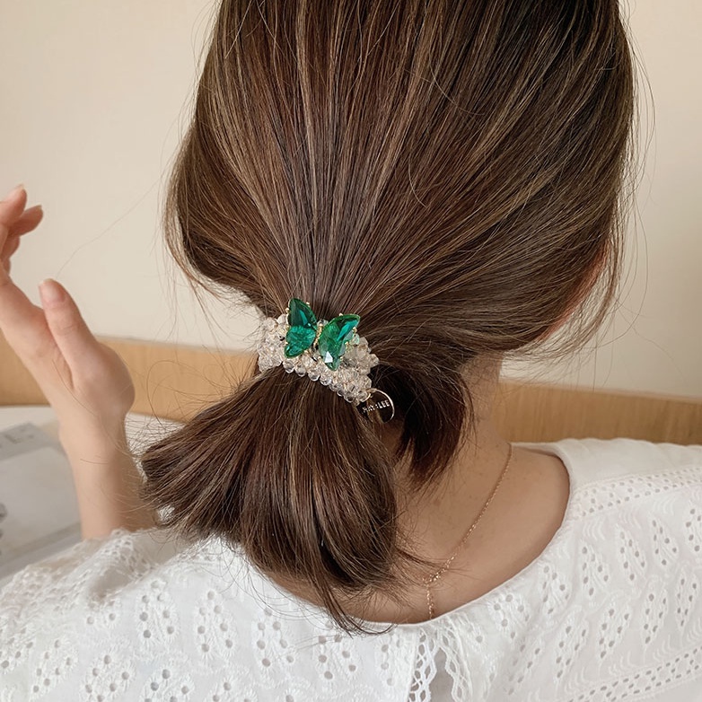 Dây buộc tóc CHLINS bằng cao su hình bướm đính đá pha lê đơn giản cho nữ