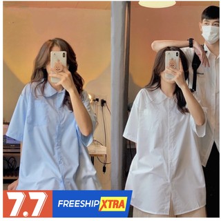( Ảnh thật/sẵn)Áo sơ mi tay ngắn nữ form rộng, sơ mi cổ sen unisex Hàn Quốc, chất vải thô mát