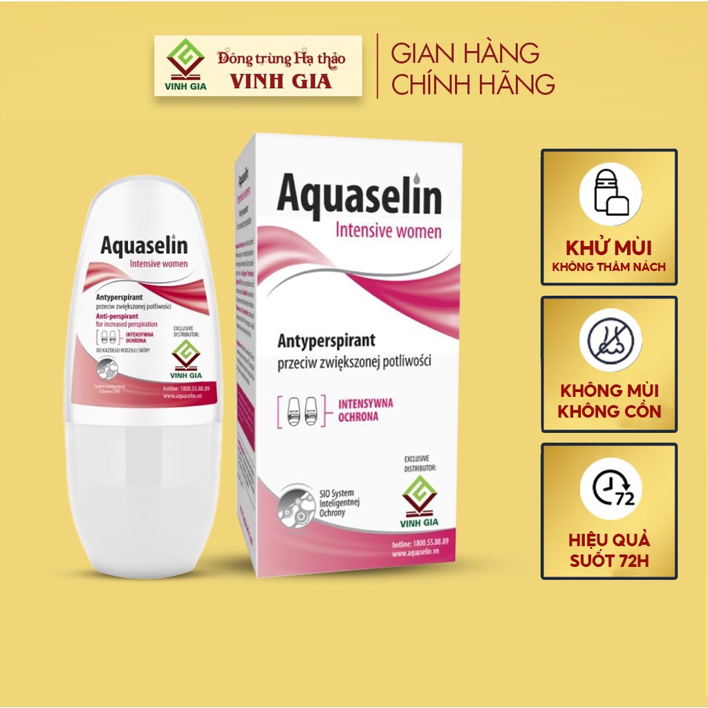 Lăn Khử Mùi Cho Nữ AQUASELIN Intensive Women Mờ Thâm, Không Mùi, Ngăn Ố Vàng Áo Dùng Được Cho Mẹ Bầu Lọ 50ml